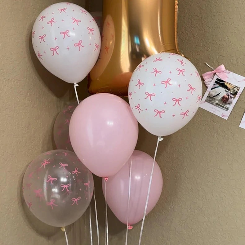 35PCS/12 Inch Pink Bow Balloons, Pastel Light Pink Transparent White Bow Print Coquette Balloon for Girls Women Birthday Wedding