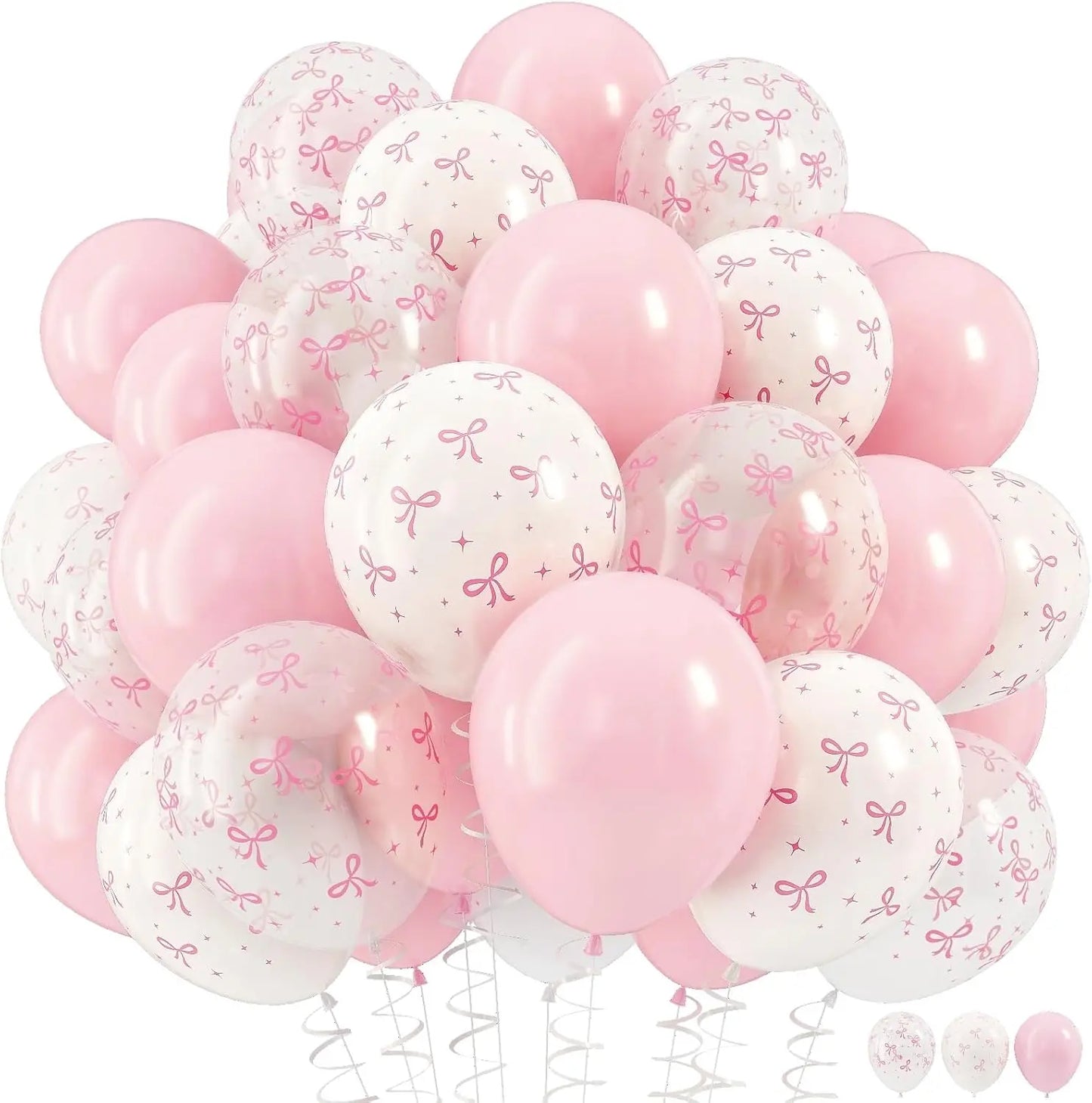 35PCS/12 Inch Pink Bow Balloons, Pastel Light Pink Transparent White Bow Print Coquette Balloon for Girls Women Birthday Wedding
