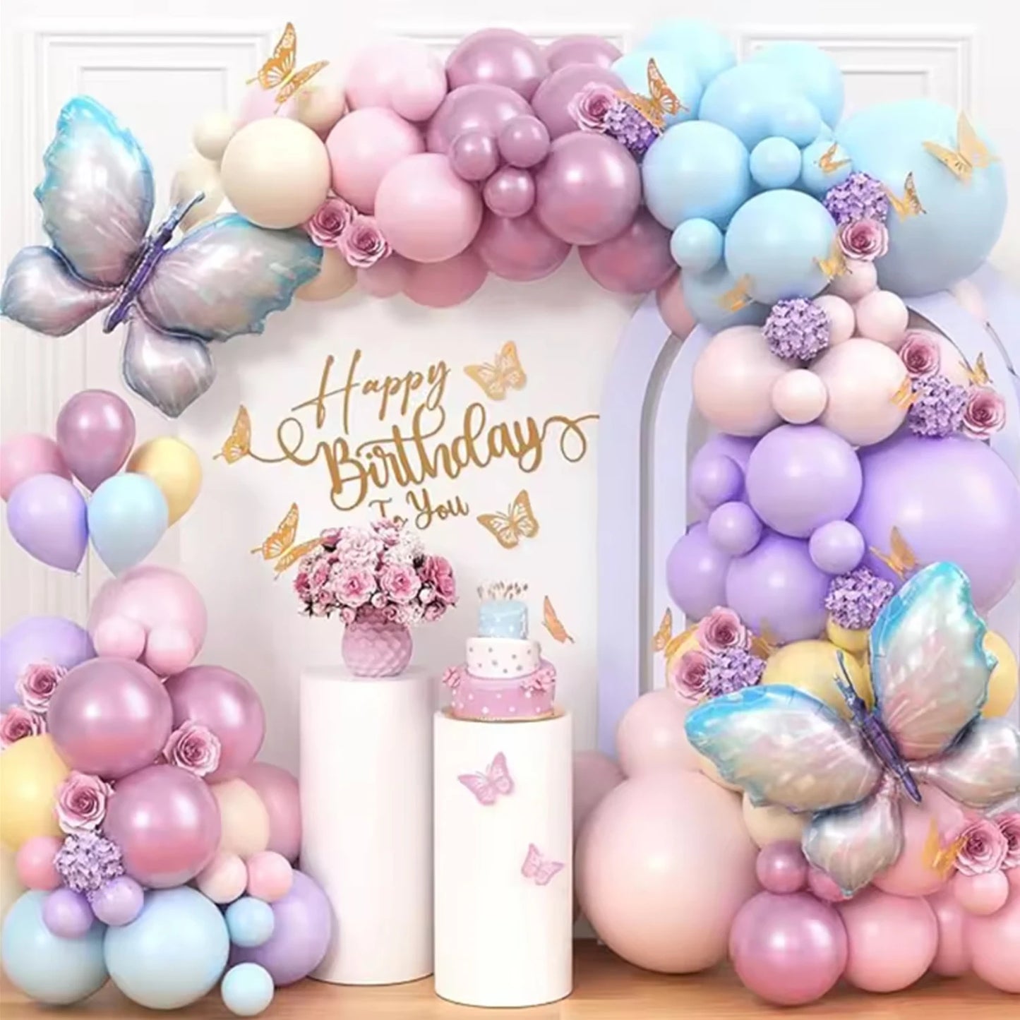 93pcs of pink and purple balloons with butterfly balloons, suitable for decorating weddings, birthdays, parties, and parties