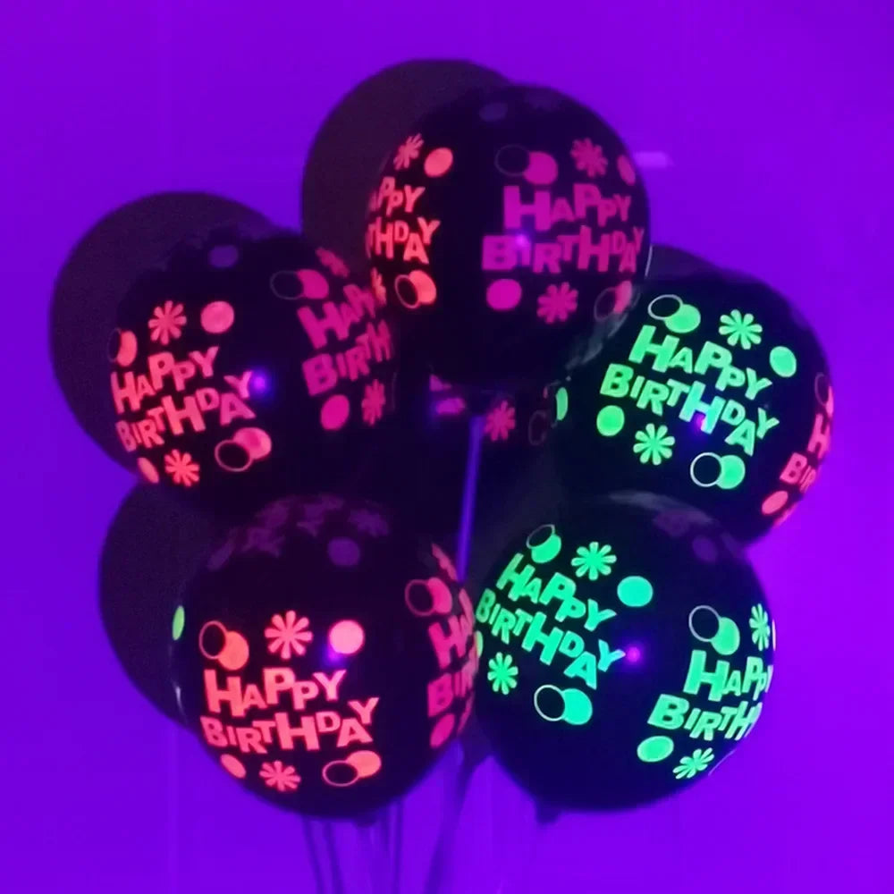 Happy Birthday Neon Glow Ballons, leuchtend im Schwarzlicht, fluoreszierende Ballons für Neon-Geburtstage, 80er 90er Motto-Party-Deko
