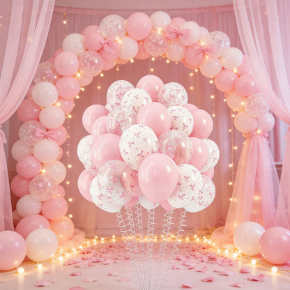 35PCS/12 Inch Pink Bow Balloons, Pastel Light Pink Transparent White Bow Print Coquette Balloon for Girls Women Birthday Wedding