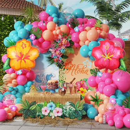 Hot Pink Aqua Blue Summer Tropical Balloons Garland Kit Hibiscus Foil Balloon Birthday Baby Shower Luau Aloha Hawaii Party Decor