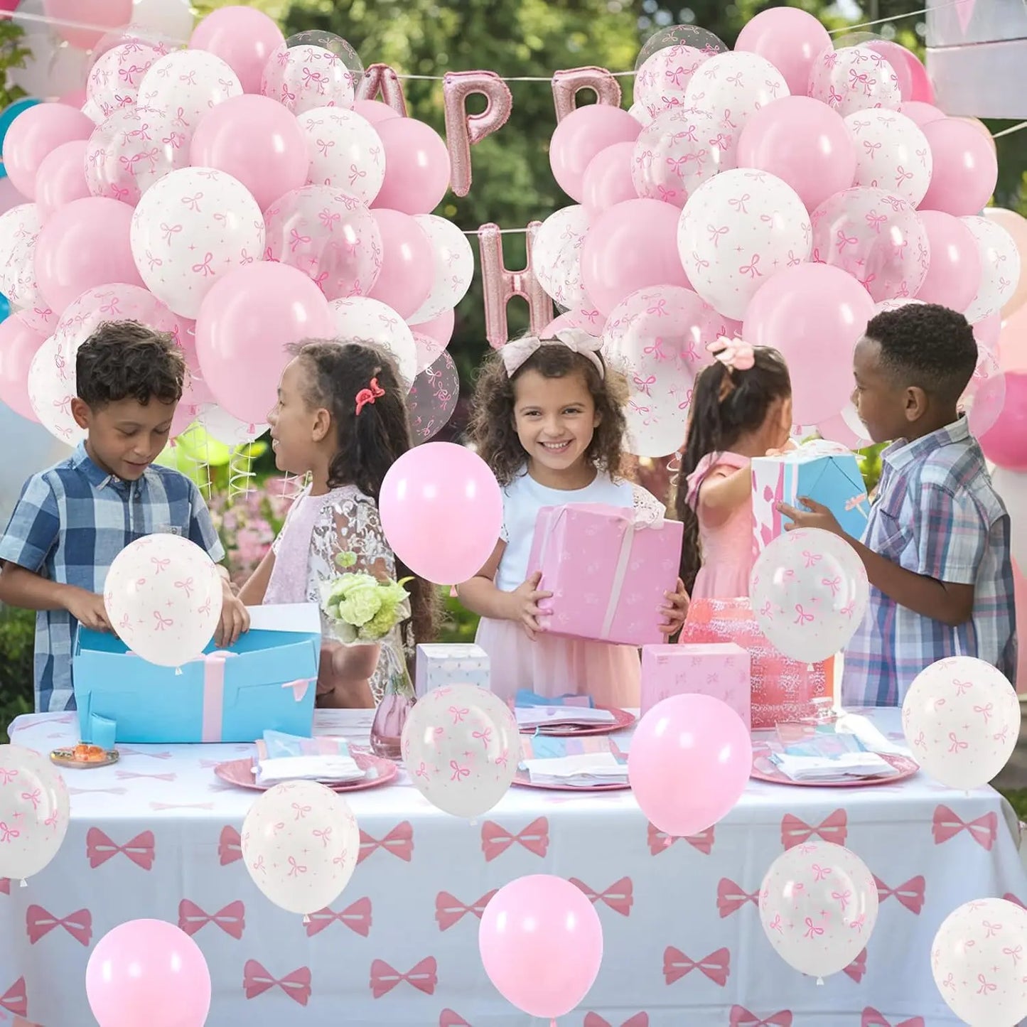 35PCS/12 Inch Pink Bow Balloons, Pastel Light Pink Transparent White Bow Print Coquette Balloon for Girls Women Birthday Wedding