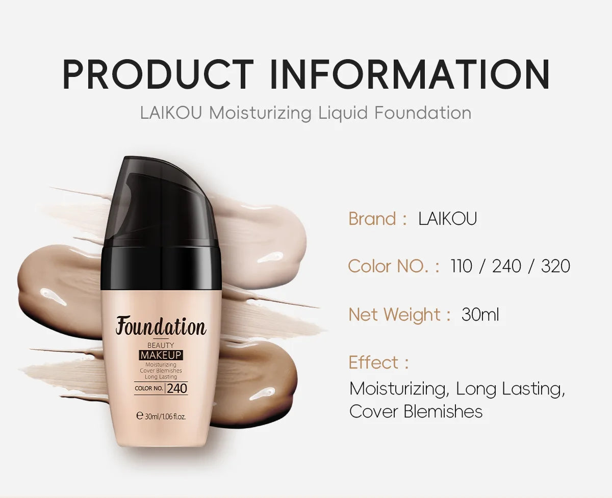 LAIKOU Long-Lasting Liquid Foundation Cream Waterproof Concealer Professional Matte Face Makeup Even Skin Tone Base Cosmetics