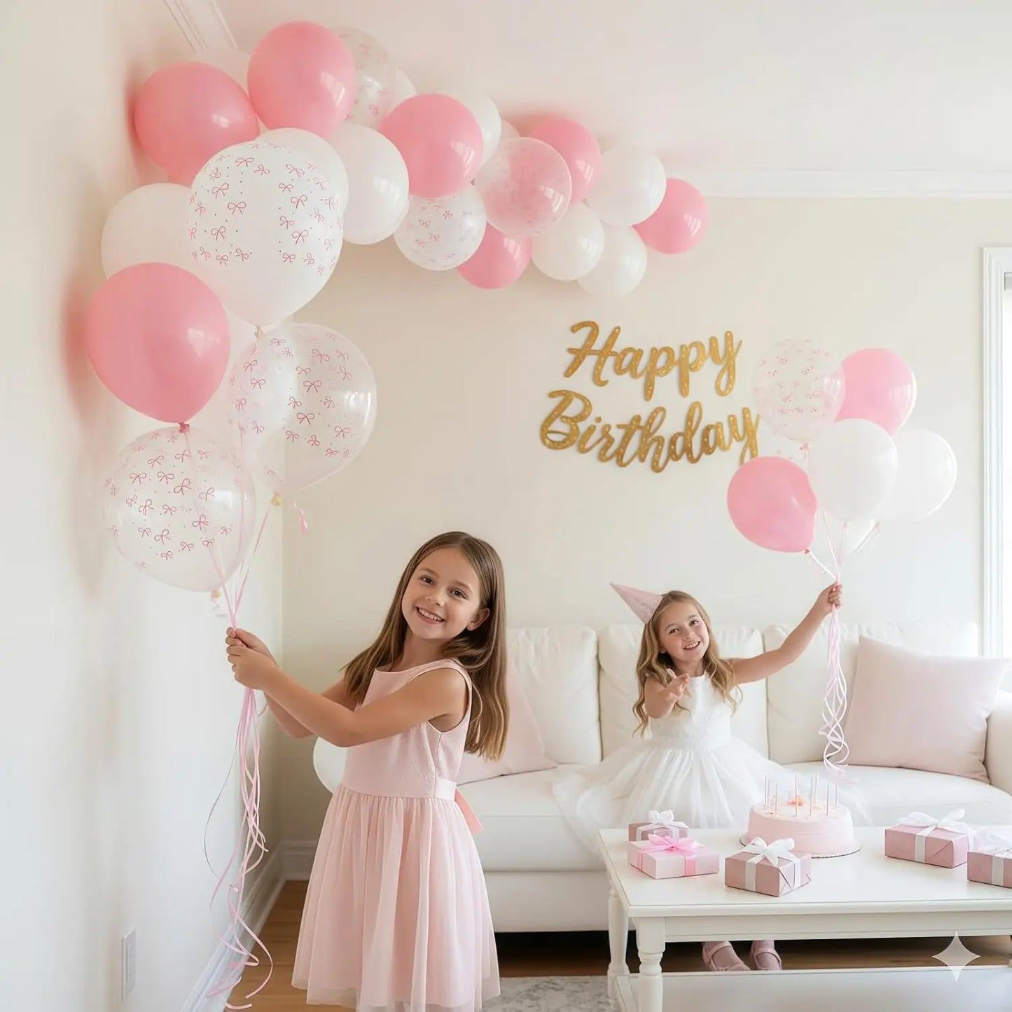 35PCS/12 Inch Pink Bow Balloons, Pastel Light Pink Transparent White Bow Print Coquette Balloon for Girls Women Birthday Wedding