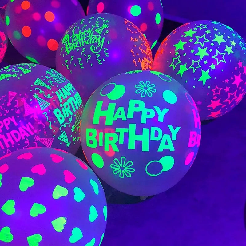 Happy Birthday Neon Glow Ballons, leuchtend im Schwarzlicht, fluoreszierende Ballons für Neon-Geburtstage, 80er 90er Motto-Party-Deko