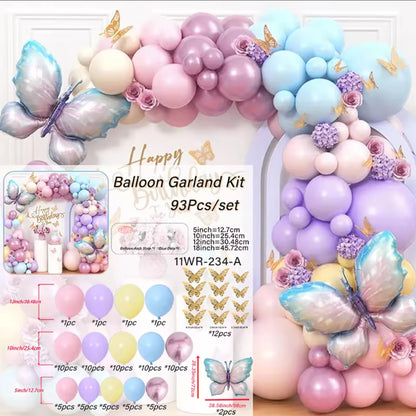 93pcs of pink and purple balloons with butterfly balloons, suitable for decorating weddings, birthdays, parties, and parties