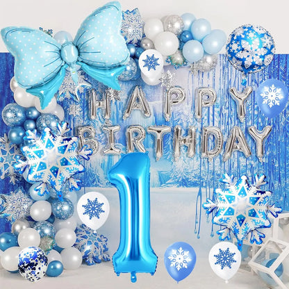 Ice Snow Number Balloons Snowflake Ballon Blue Bow Balloon Princess Girls Boys Birthday Party Baby Shower Decorations Christmas